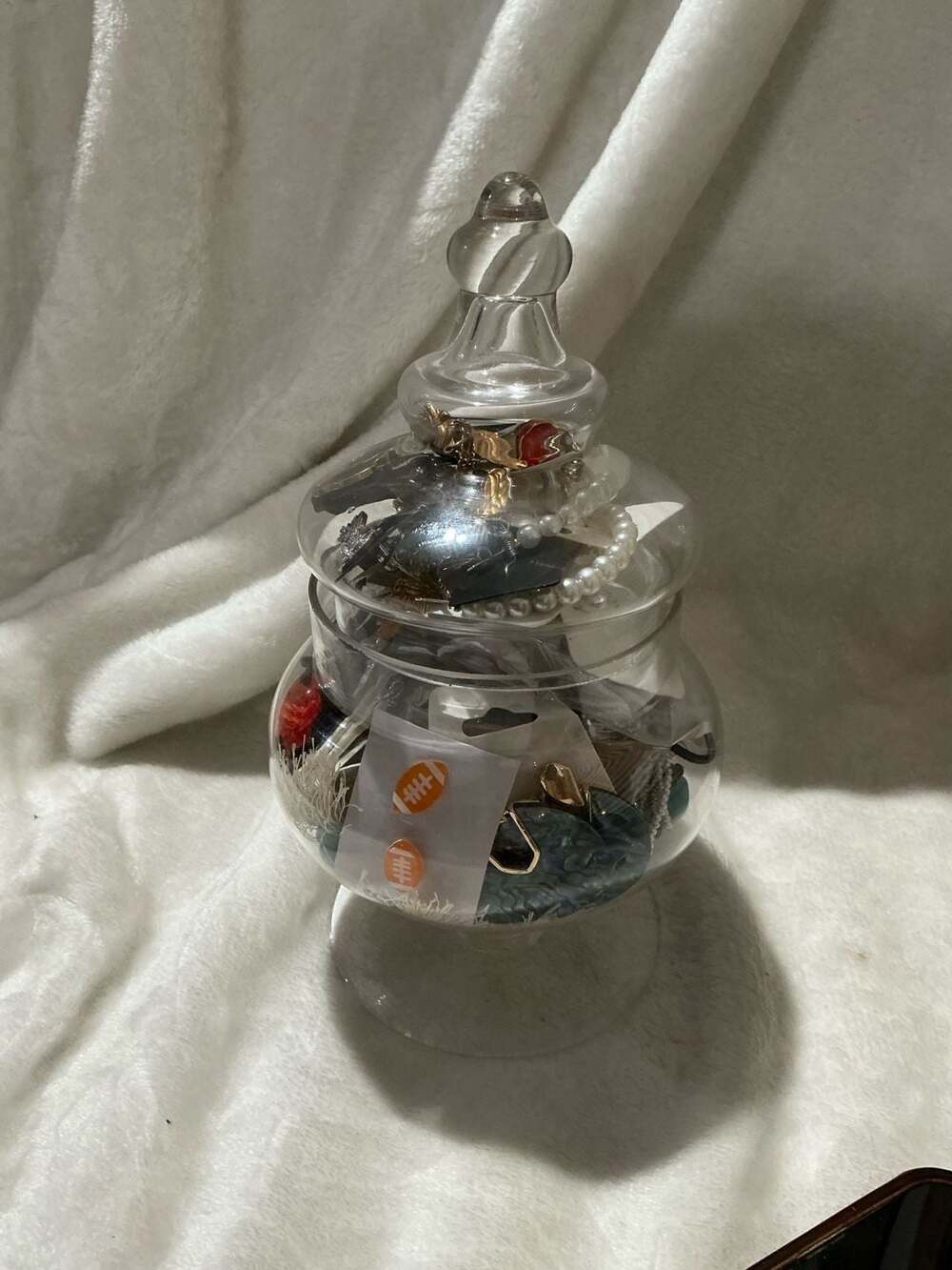 Clear Glass Apothecary Jar with Assorted Costume Jewelry: 1 pound wearable